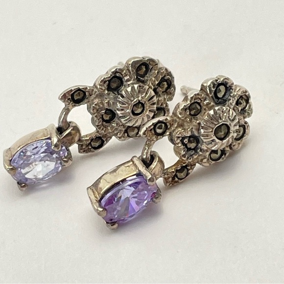 VINTAGE Sterling 925 Dangle Earrings Marcasite Stones With light Violet Stones - Picture 7 of 9